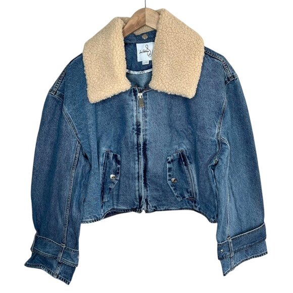 Sam Edelman Mesa High-Pile Fleece Collar Zip-Up Crop Denim Moto Jacket XL - Picture 1 of 10